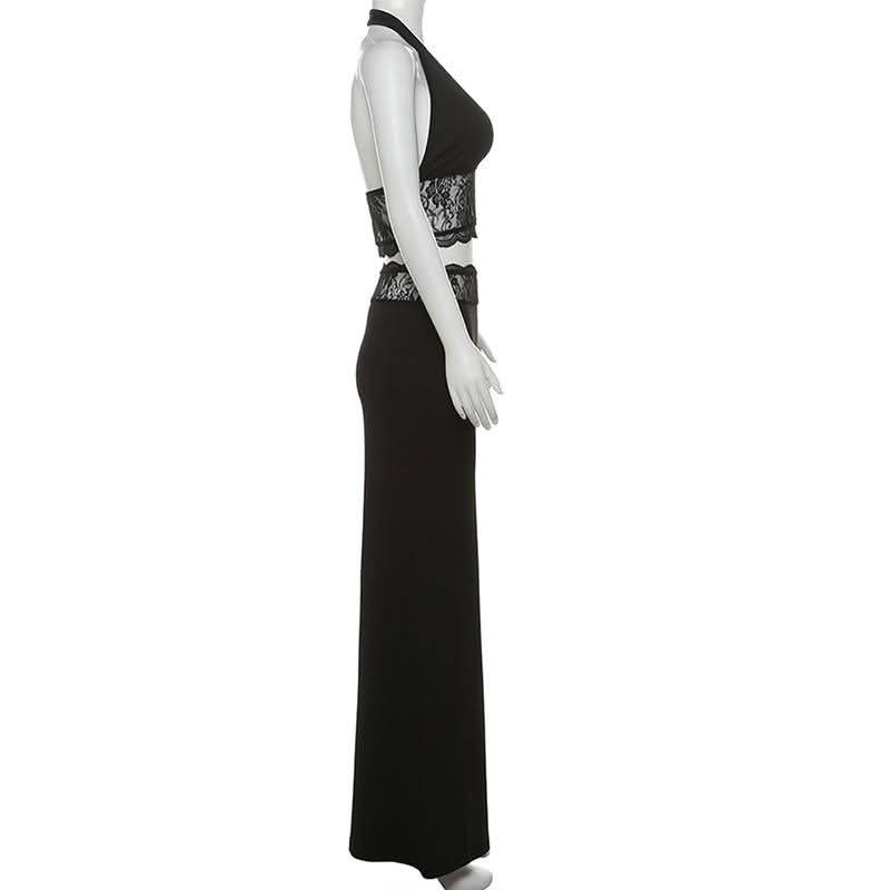 Halter v neck lace backless maxi skirt set  | Festival Outfits Women
