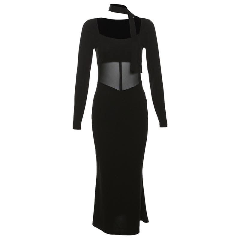 Mesh patchwork solid long sleeve square neck midi dress-final-sale  | Festival Outfits Women