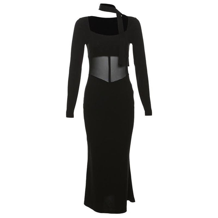 Mesh patchwork solid long sleeve square neck midi dress-final-sale  | Festival Outfits Women