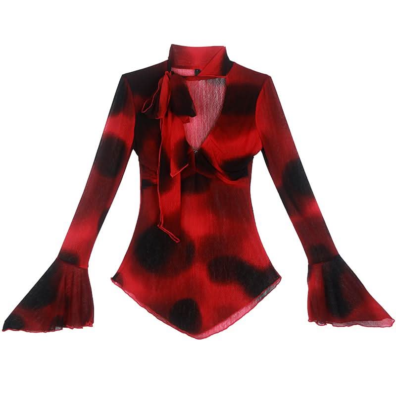 Long flared sleeve ruffle deep V neck mesh print top  | Festival Outfits Women