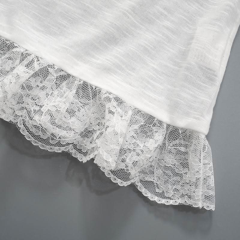 Off shoulder bowknot lace hem mesh long sleeve top-final-sale