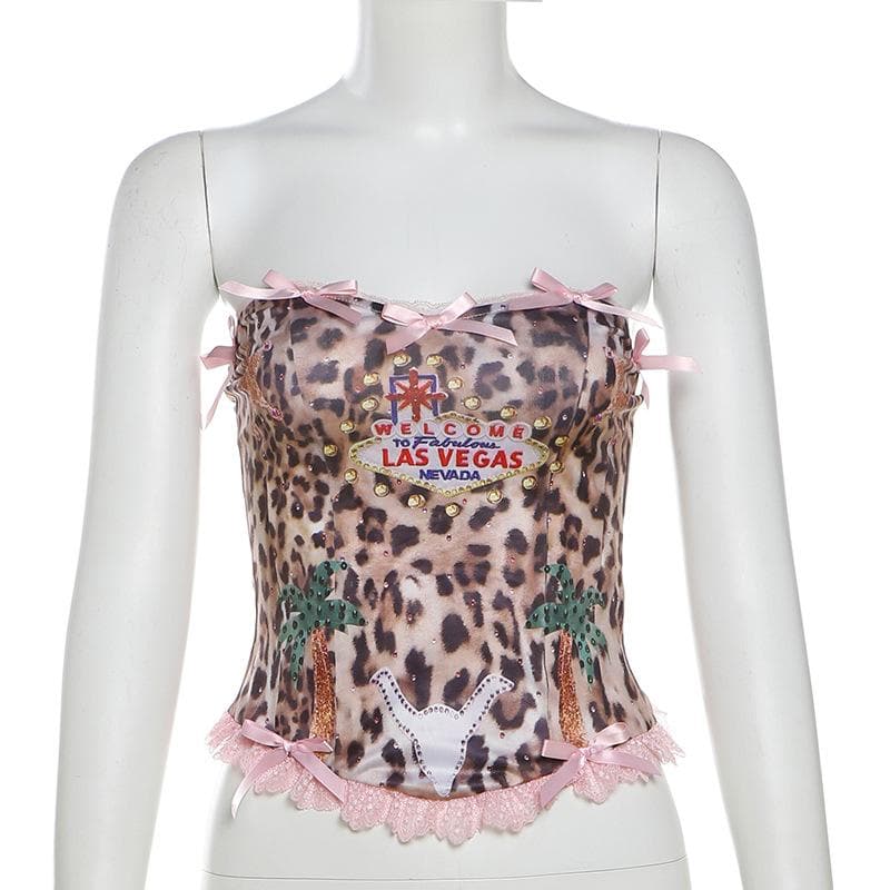 Bowknot leopard print lace hem backless tube top  | Festival Outfits Women  | Cheetah Print Top