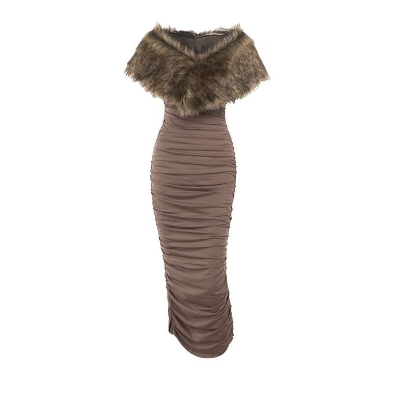 Ruched fluffy shrug slit cami maxi dress  | Festival Outfits Women-final-sale