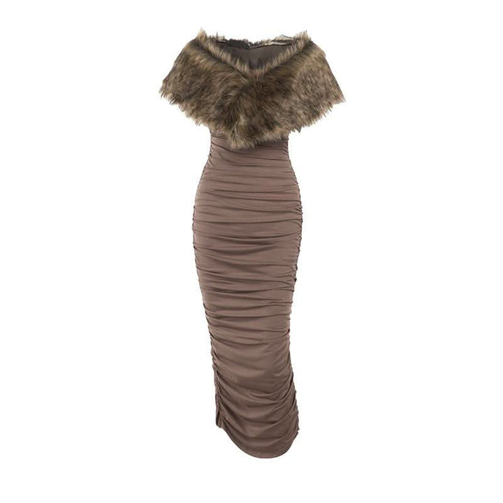Ruched fluffy shrug slit cami maxi dress  | Festival Outfits Women-final-sale