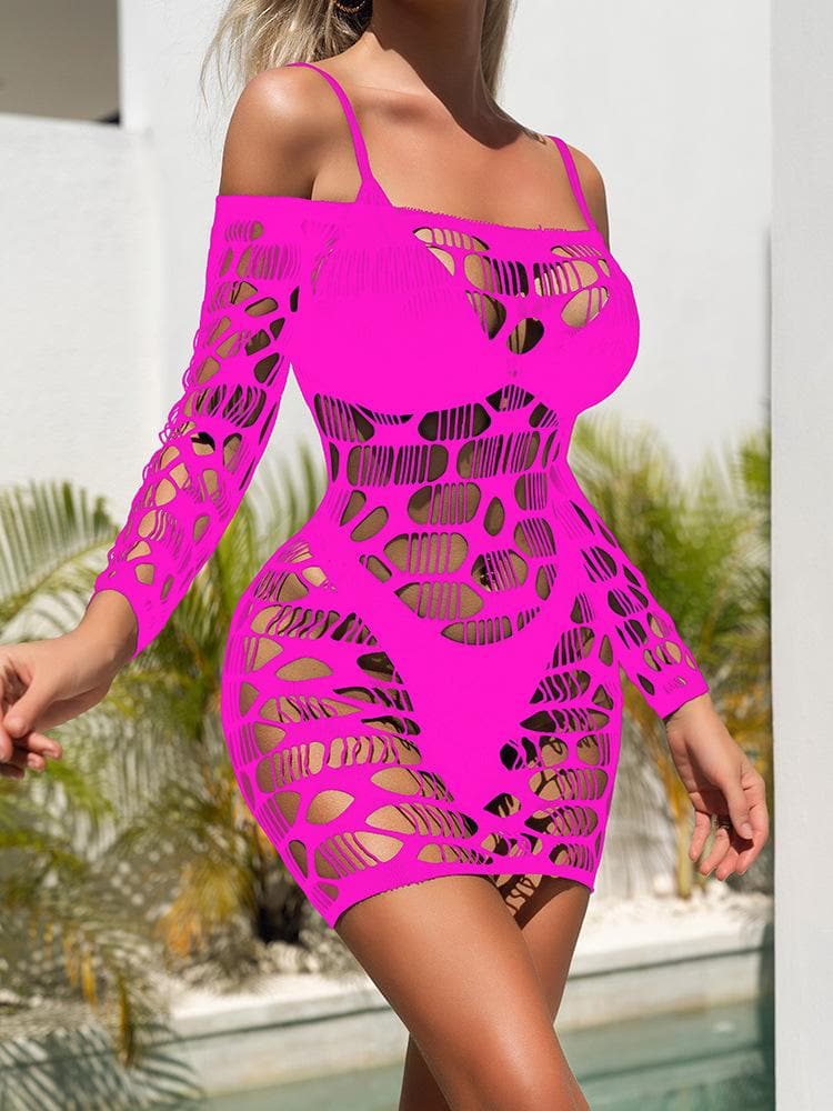 Long sleeve off shoulder net hollow out cut out mini dress  | Festival Outfits Women