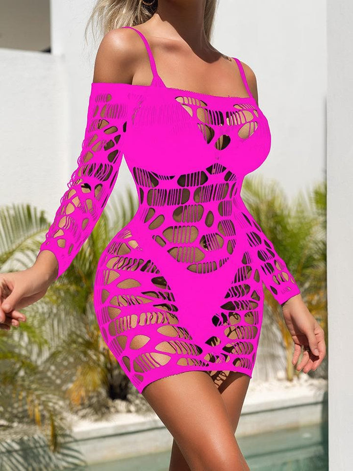 Long sleeve off shoulder net hollow out cut out mini dress  | Festival Outfits Women
