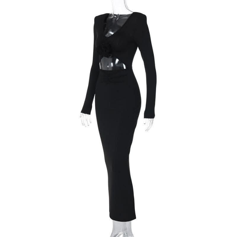 Long sleeve padded ruched flower applique hollow out cut out midi dress-final-sale  | Festival Outfits Women