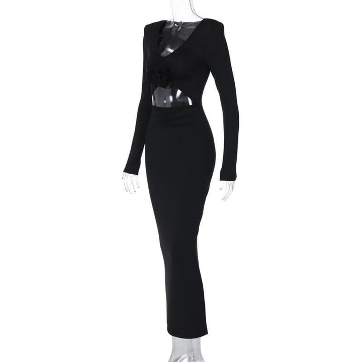 Long sleeve padded ruched flower applique hollow out cut out midi dress-final-sale  | Festival Outfits Women