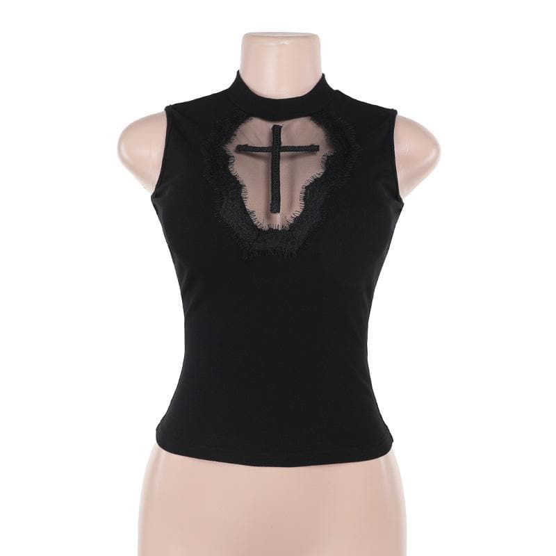 Sleeveless crewneck cross pattern solid top  | Festival Outfits Women