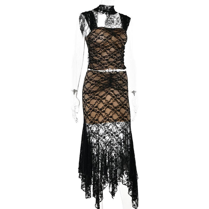 Cap sleeve lace ruffle ruched midi skirt set- Final Sale  | Festival Outfits Women