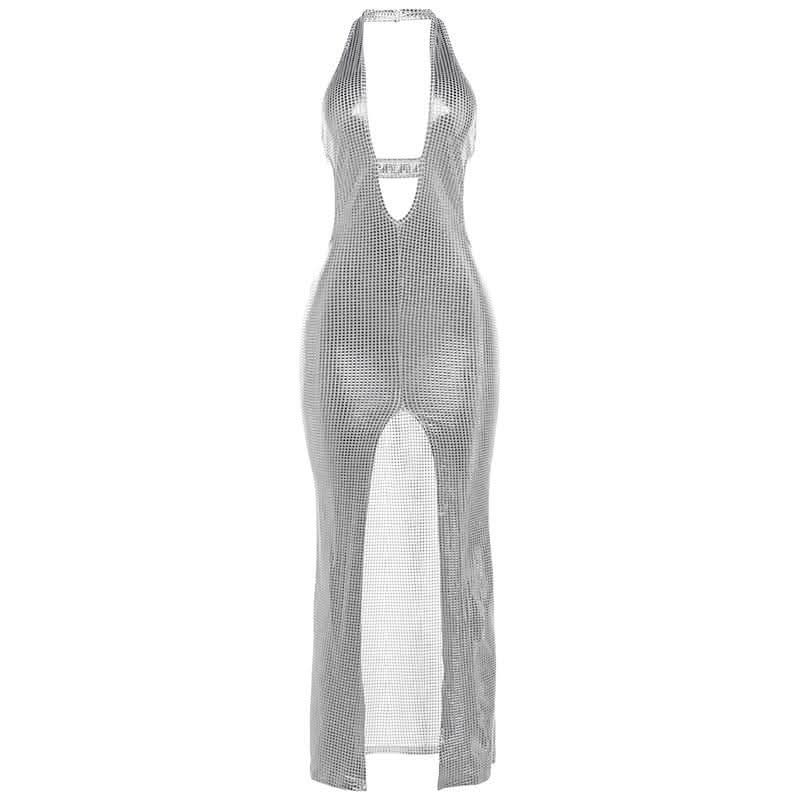 Halter deep V neck slit plaid hollow out cut out maxi dress-final-sale  | Festival Outfits Women
