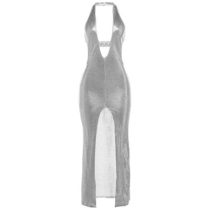 Halter deep V neck slit plaid hollow out cut out maxi dress-final-sale  | Festival Outfits Women