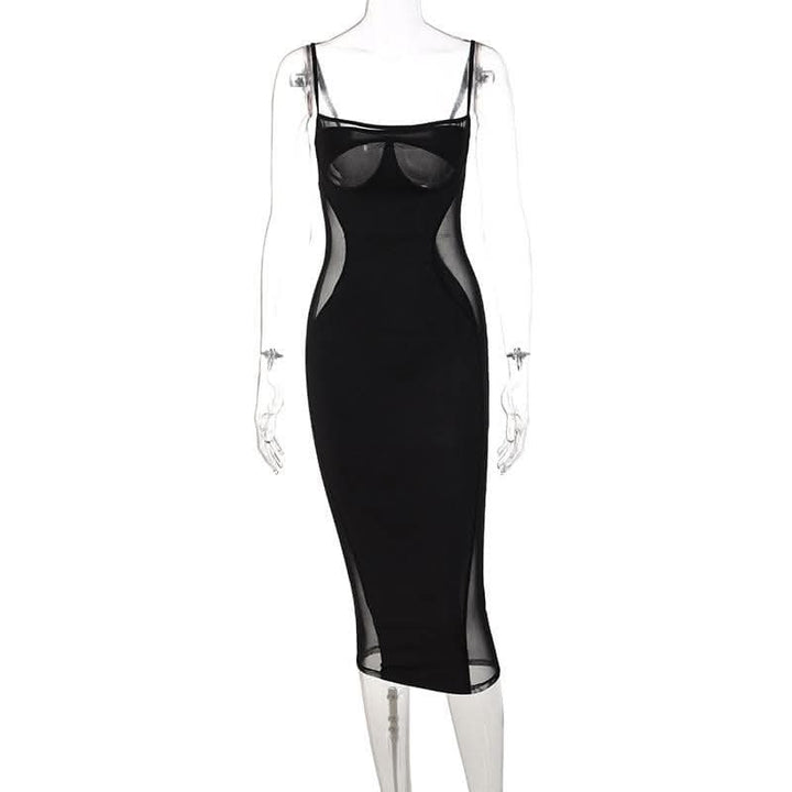 Sweetheart neck mesh patchwork cami midi dress-final-sale