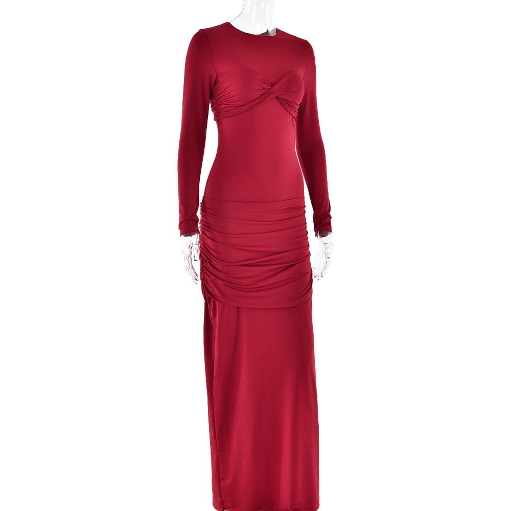 Long sleeve crewneck ruched cross front maxi dress  | Festival Outfits Women
