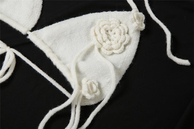 Halter self tie flower applique slit backless mini skirt set  | Festival Outfits Women