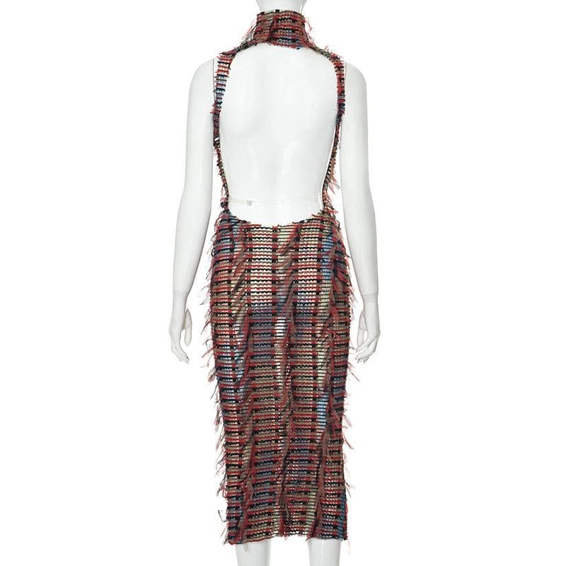 High neck hollow out mesh backless cut out midi dress  | Festival Outfits Women