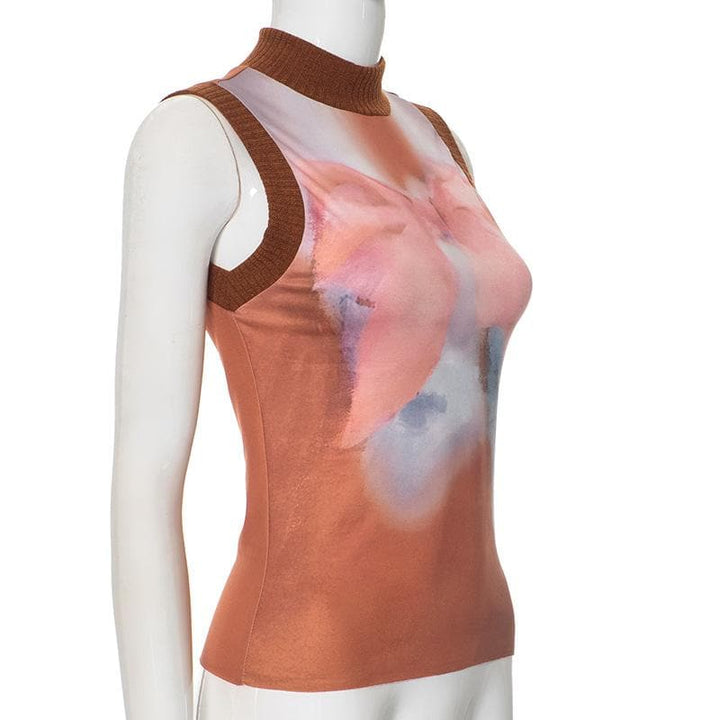 High neck sleeveless knitted patchwork print top  | Festival Outfits Women