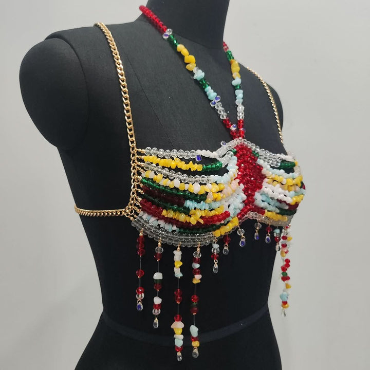 Halter beaded hollow out backless tassels cut out top  | Festival Outfits Women