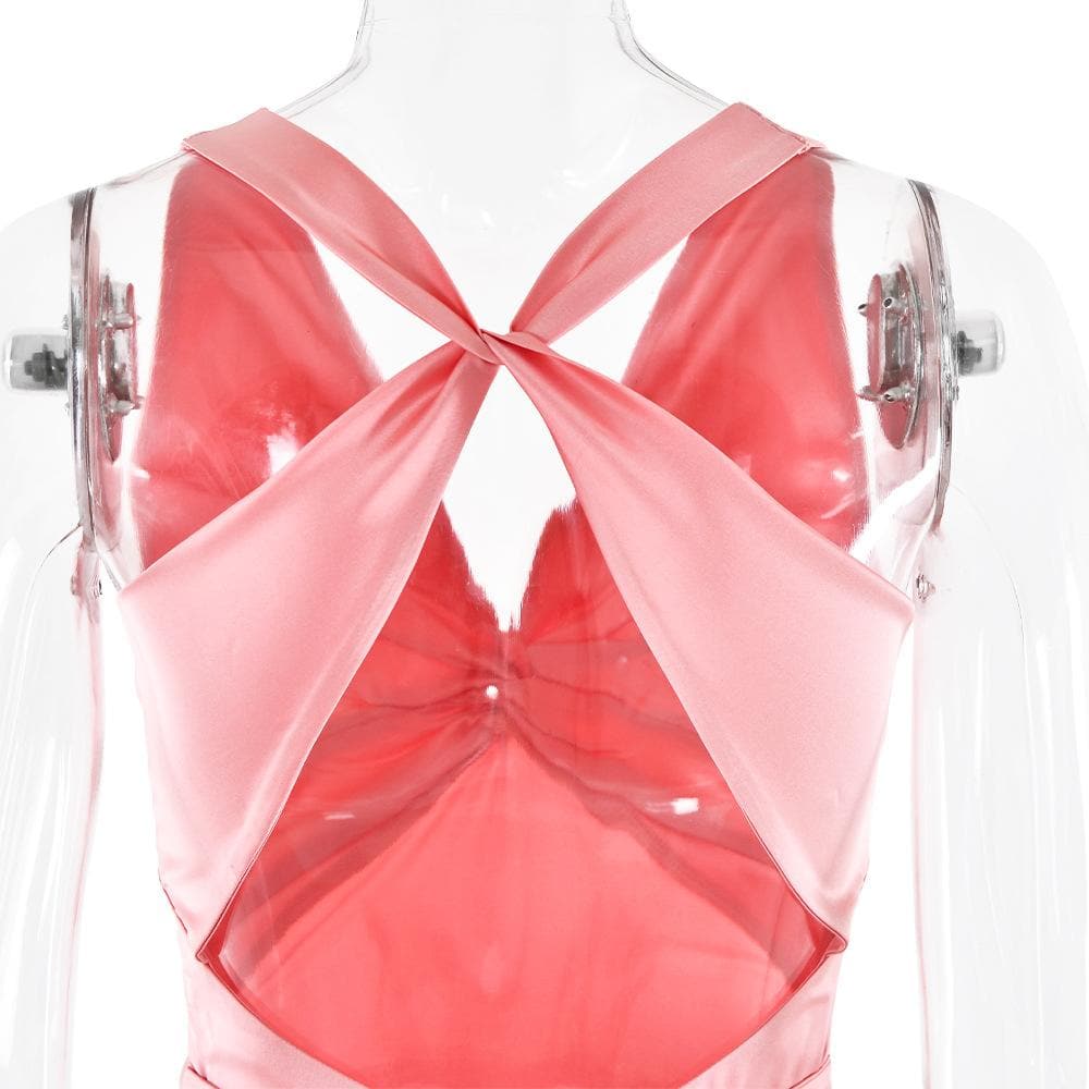 Ruched bowknot v neck satin cross back maxi dress  | Festival Outfits Women