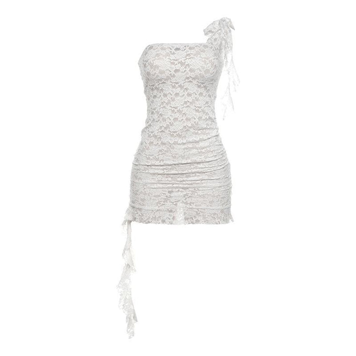 Lace see through one shoulder ruffle knotted ruched mini dress  | Festival Outfits Women-final-sale