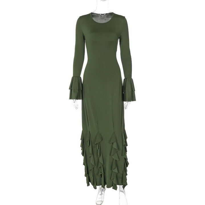 Long flared sleeve crewneck ruffle self tie maxi dress  | Festival Outfits Women