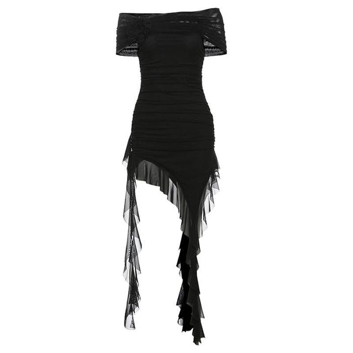 Off shoulder flower applique ruffle ruched mini dress  | Festival Outfits Women