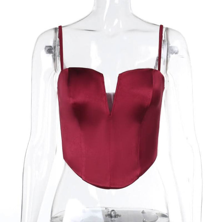 Satin v neck backless solid cami top  | Festival Outfits Women