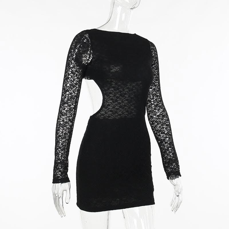 Lace solid long sleeve backless hollow out self tie cut out mini dress-final-sale  | Festival Outfits Women