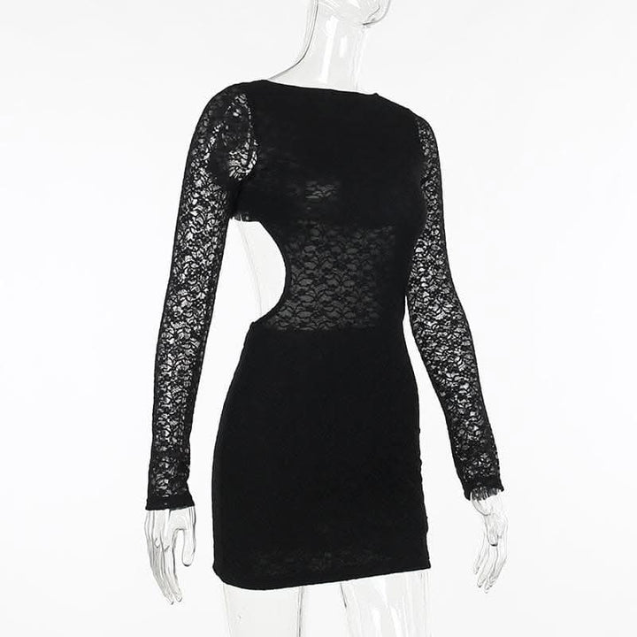 Lace solid long sleeve backless hollow out self tie cut out mini dress-final-sale  | Festival Outfits Women