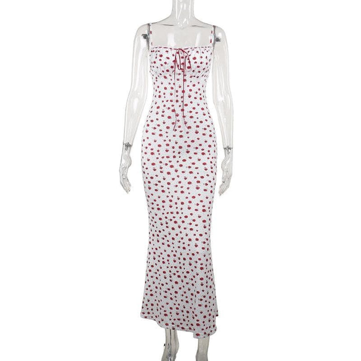 Bowknot ribbon stitch flower print polka dot cami maxi dress  | Festival Outfits Women