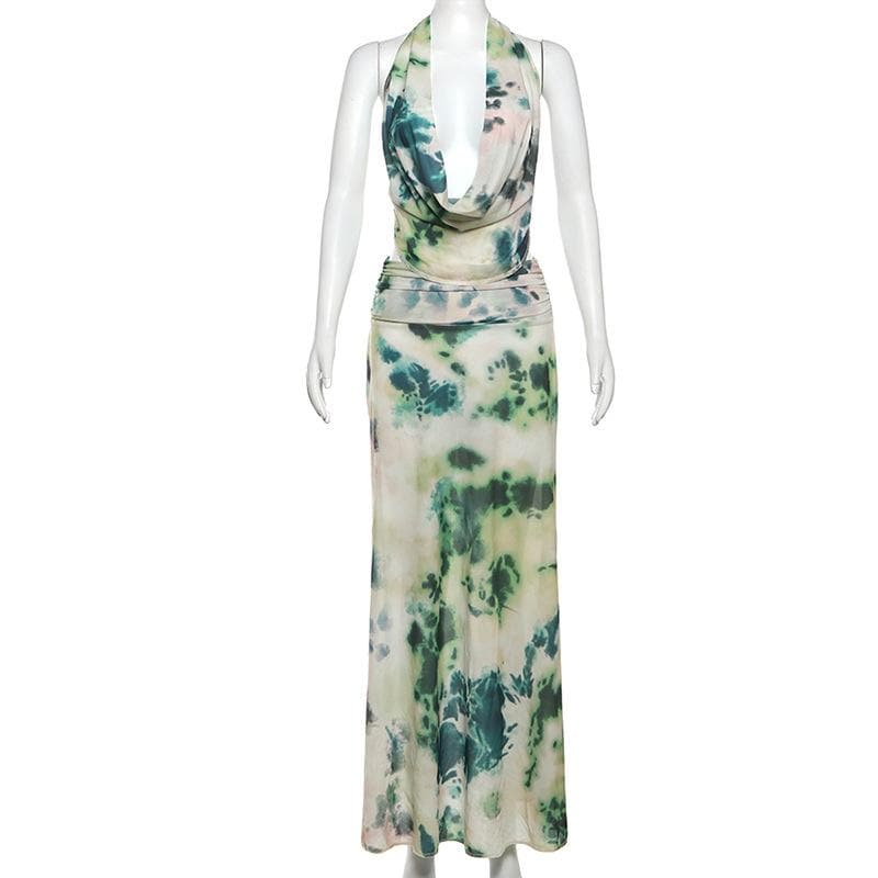 Halter cowl neck print ruched backless maxi skirt set-final-sale