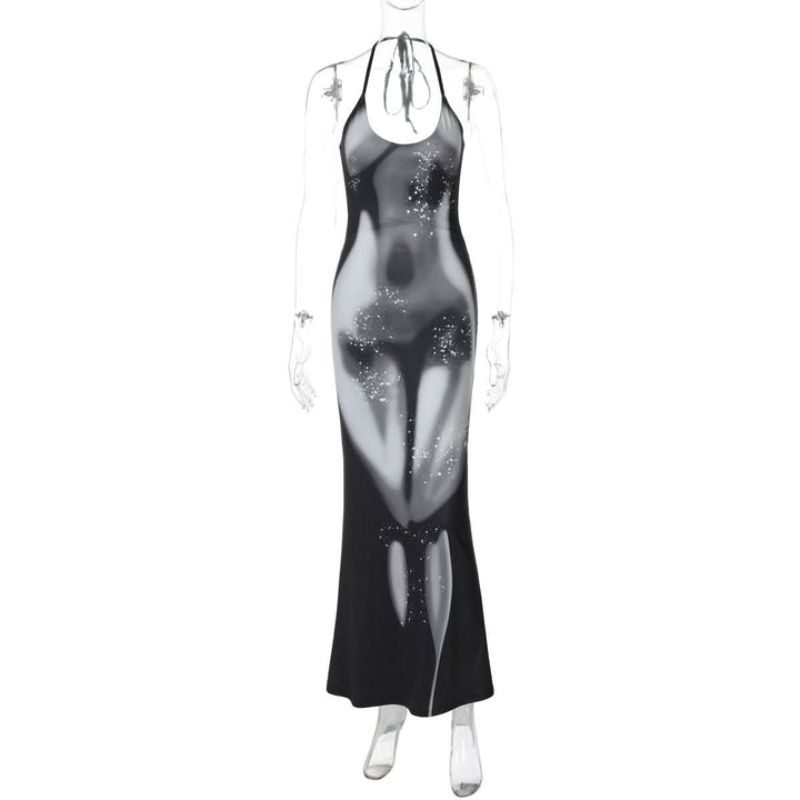 Halter self tie u neck body print o ring maxi dress  | Festival Outfits Women