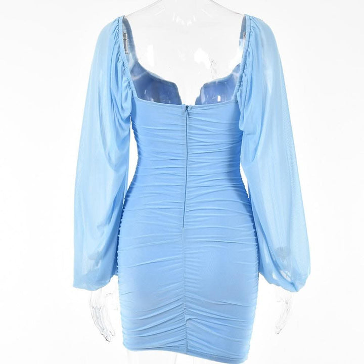 Mesh solid long sleeve ruched notch neck zip-up mini dress-final-sale  | Festival Outfits Women