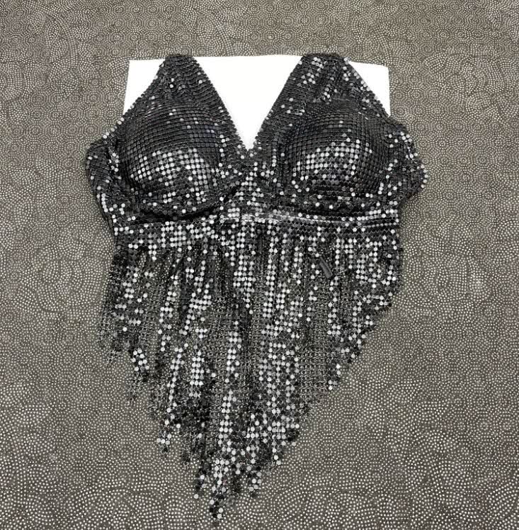 V neck halter self tie tassels glitter top  | Festival Outfits Women