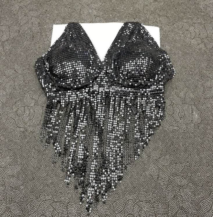 V neck halter self tie tassels glitter top  | Festival Outfits Women