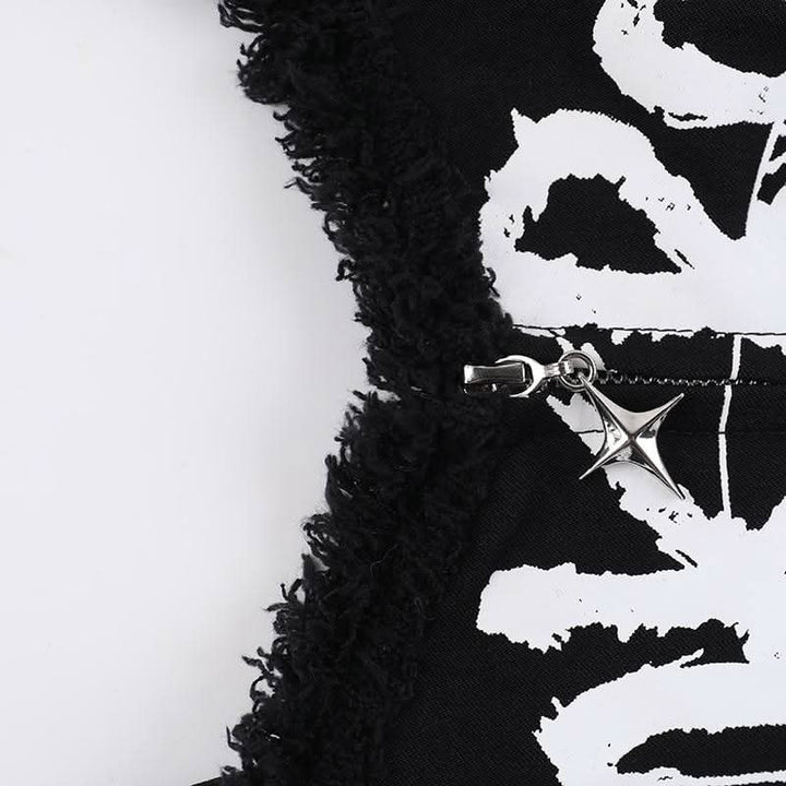 Zip-up letter print rivet applique raw hem cami top  | Festival Outfits Women