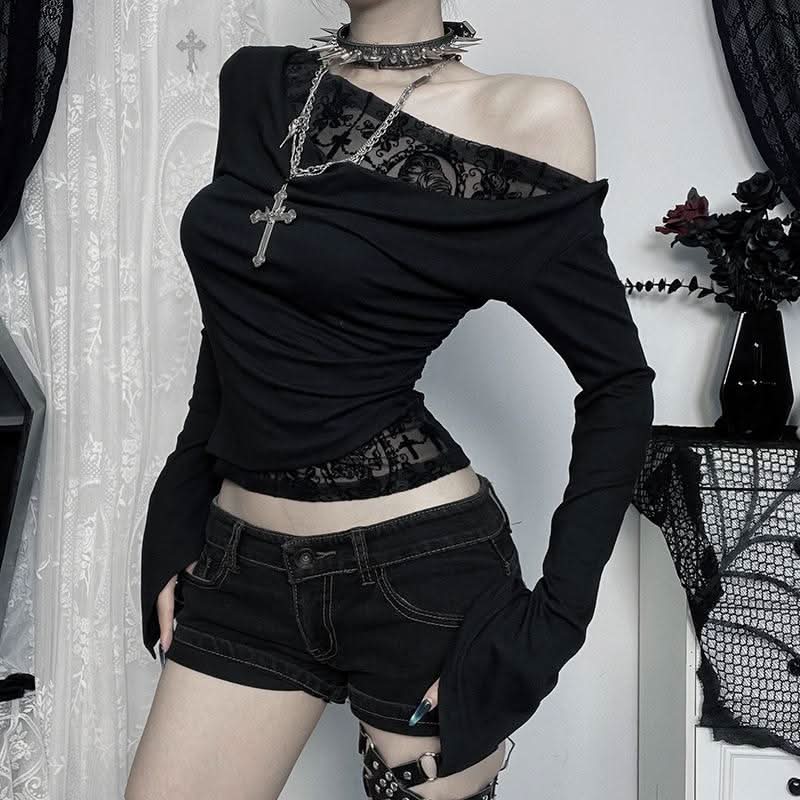 Off shoulder long flared sleeve mesh patchwork top  | Festival Outfits Women