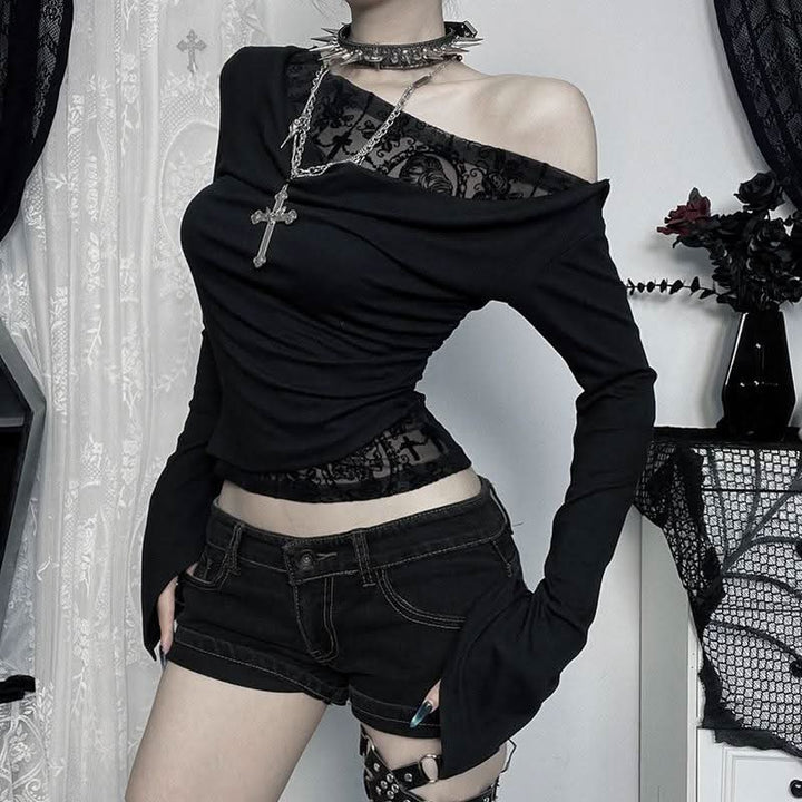 Off shoulder long flared sleeve mesh patchwork top  | Festival Outfits Women