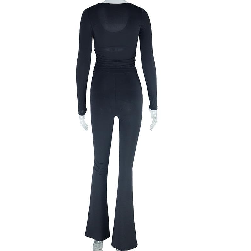 Long sleeve drawstring ruched patchwork jumpsuit  | Festival Outfits Women