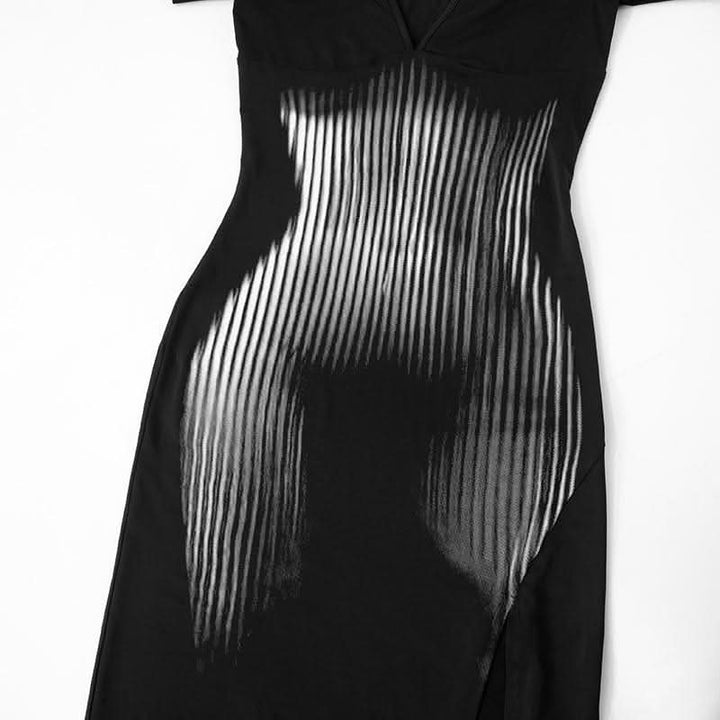Slit long sleeve deep V neck print backless maxi dress-final-sale  | Festival Outfits Women