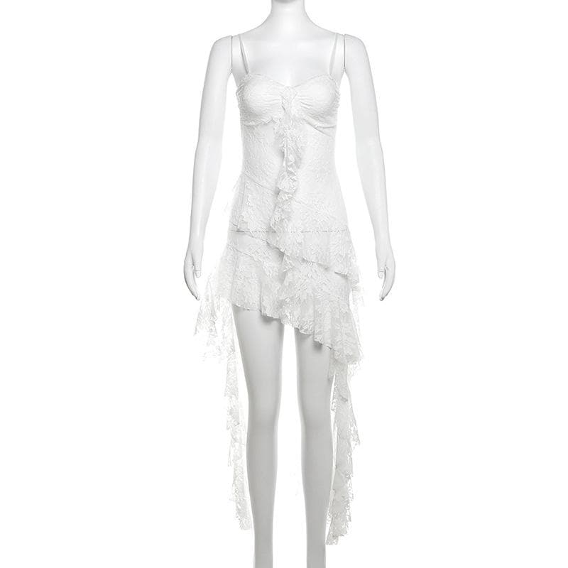 Sweetheart neck lace ruffle see through cami midi dress  | Festival Outfits Women