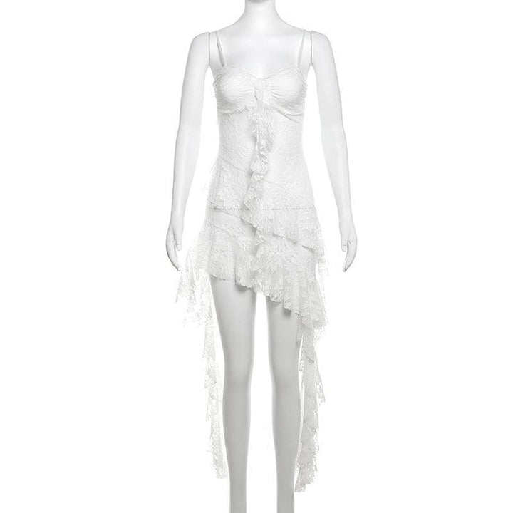 Sweetheart neck lace ruffle see through cami midi dress  | Festival Outfits Women