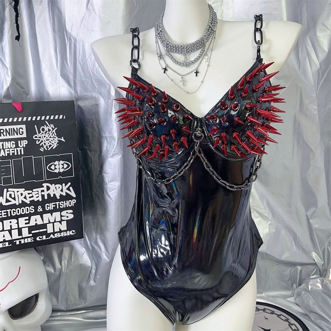 PU leather rivet metal chain bodysuit  | Festival Outfits Women