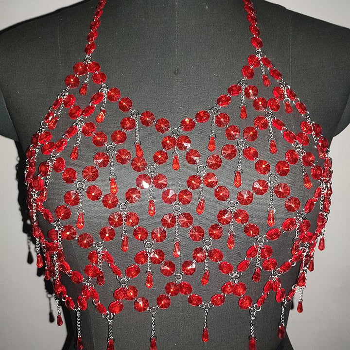Metal chain plastic crystal halter backless crop top  | Festival Outfits Women