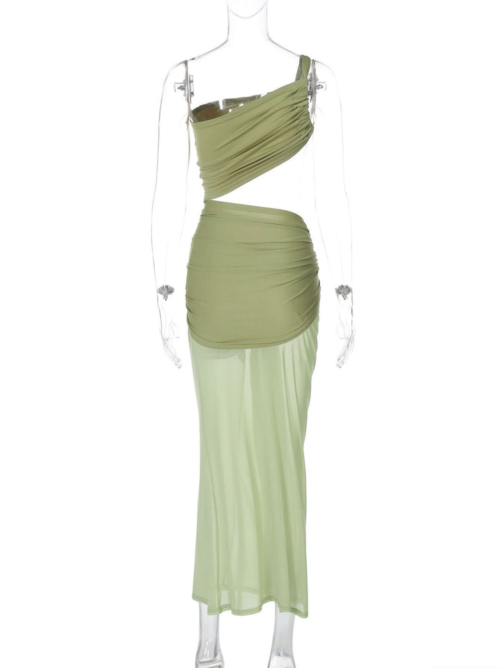 One shoulder ruched hollow out mesh cut out maxi dress  | Festival Outfits Women
