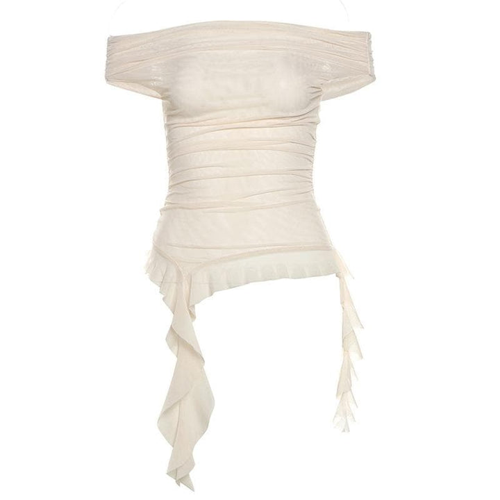 Off shoulder sheer mesh ruffle top  | Festival Outfits Women