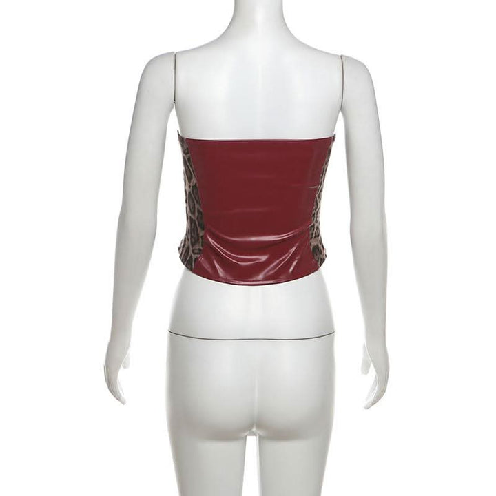 Leopard print lace up PU leather patchwork tube top  | Festival Outfits Women  | Cheetah Print Top