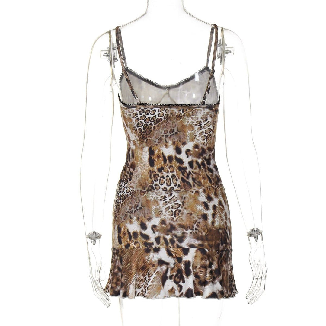 Leopard print v neck lace hem ruffle cami skirt set  | Festival Outfits Women