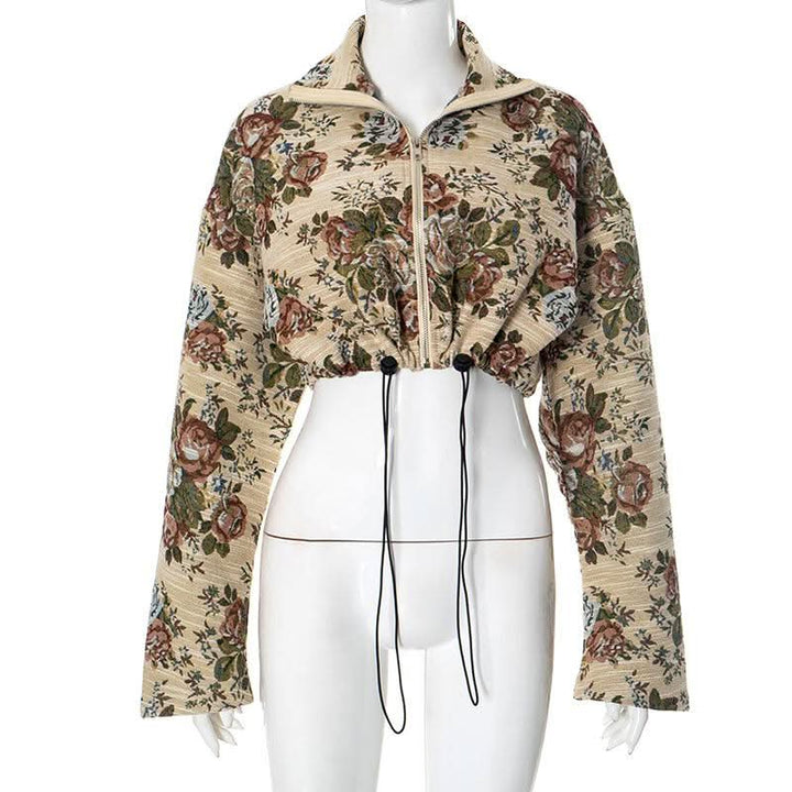 Zip-up long sleeve drawstring flower print top  | Festival Outfits Women
