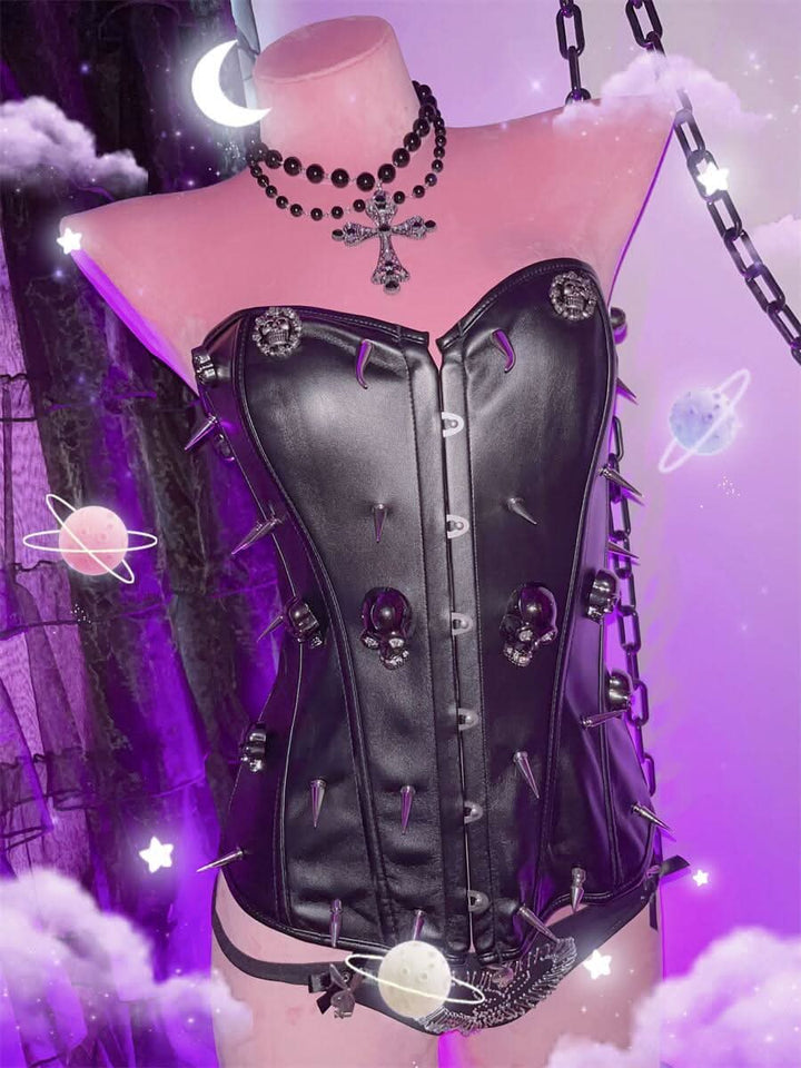 Sweetheart neck PU leather rivet skull top  | Festival Outfits Women